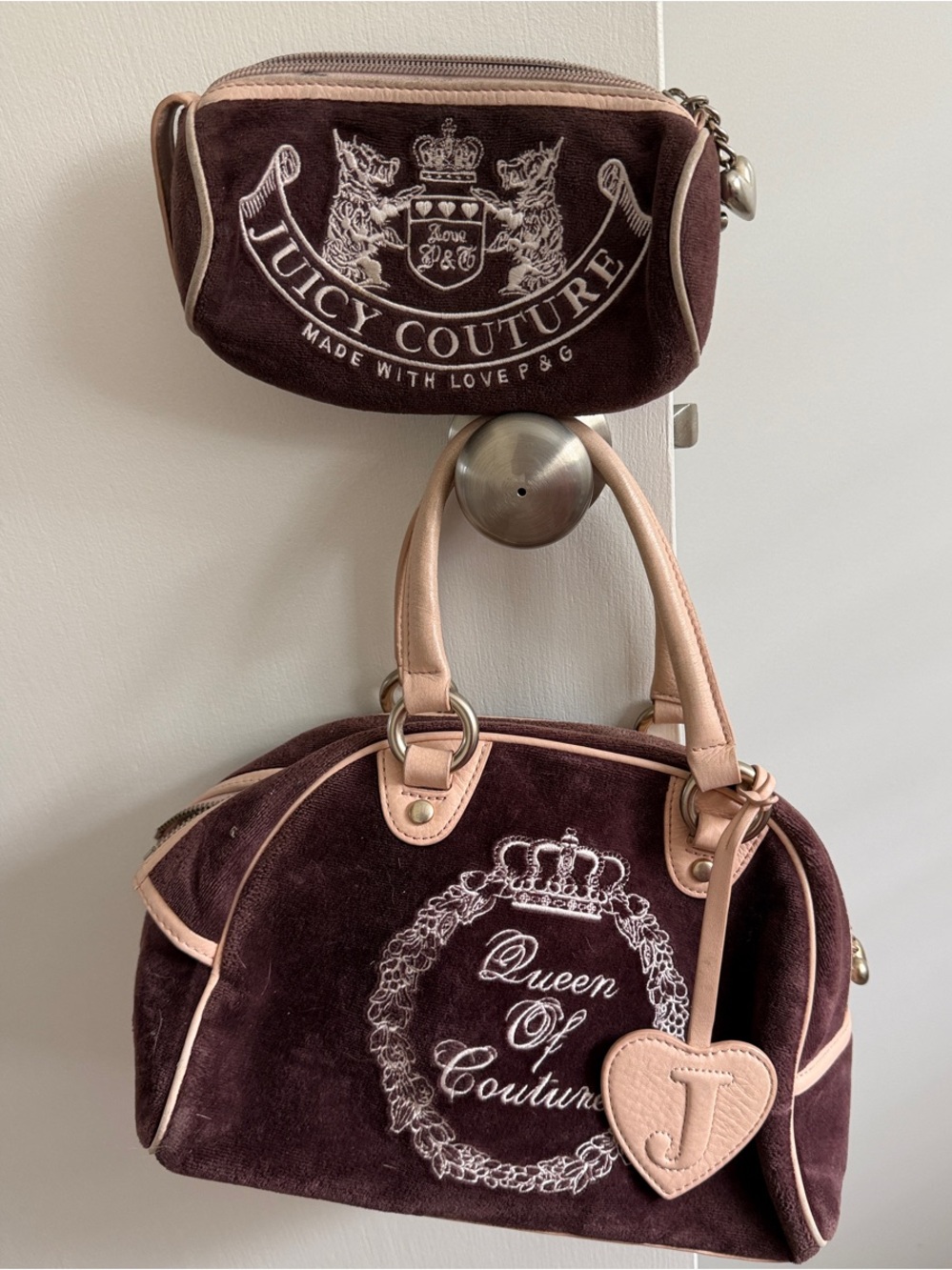 Juicy Couture Q of Couture Suede Satchel & Pencil Case in brown and Blush